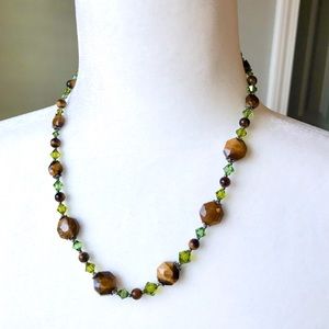Tiger’s Eye and Green Crystal Necklace & Earrings